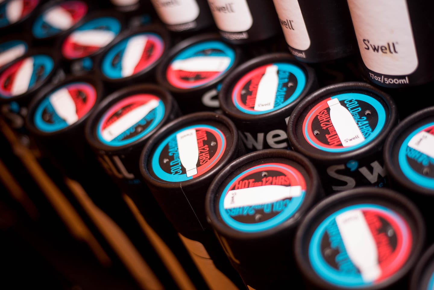 Rows of branded Swell water bottles seen from above at the company meeting