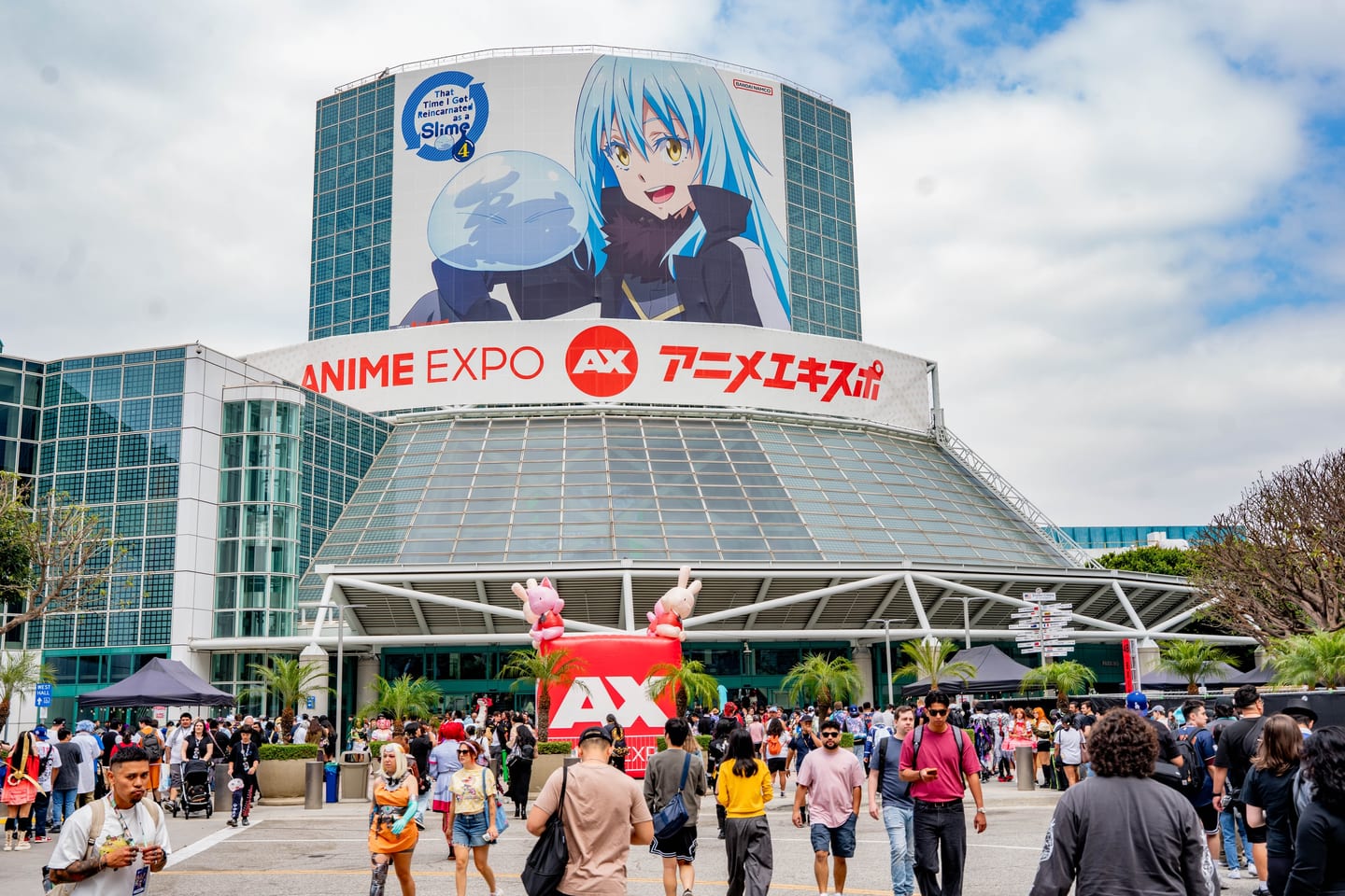 The Los Angeles Convention Center wrapped in Anime Expo 2026 banners with crowds arriving out front