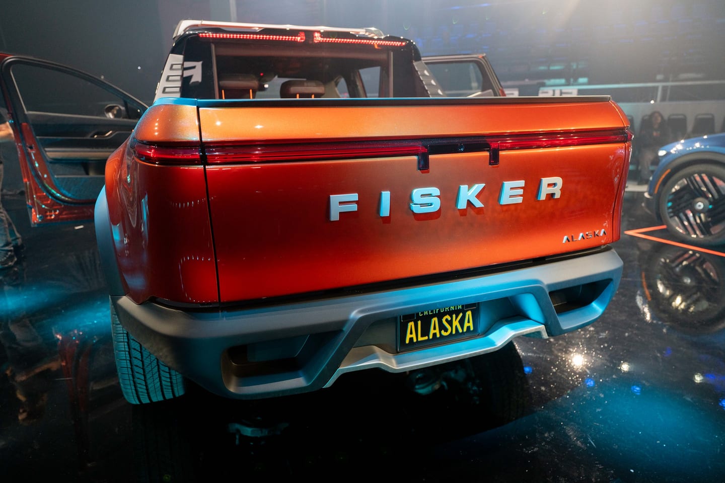 The rear of the Fisker Alaska showing the FISKER tailgate and Alaska plate