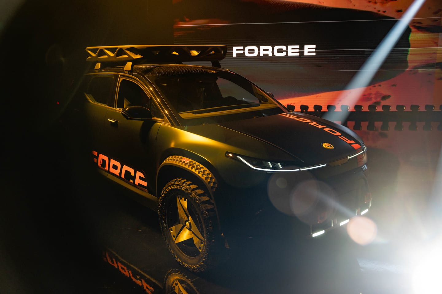 Front three-quarter view of the Fisker Force E with roof lights and off-road tyres
