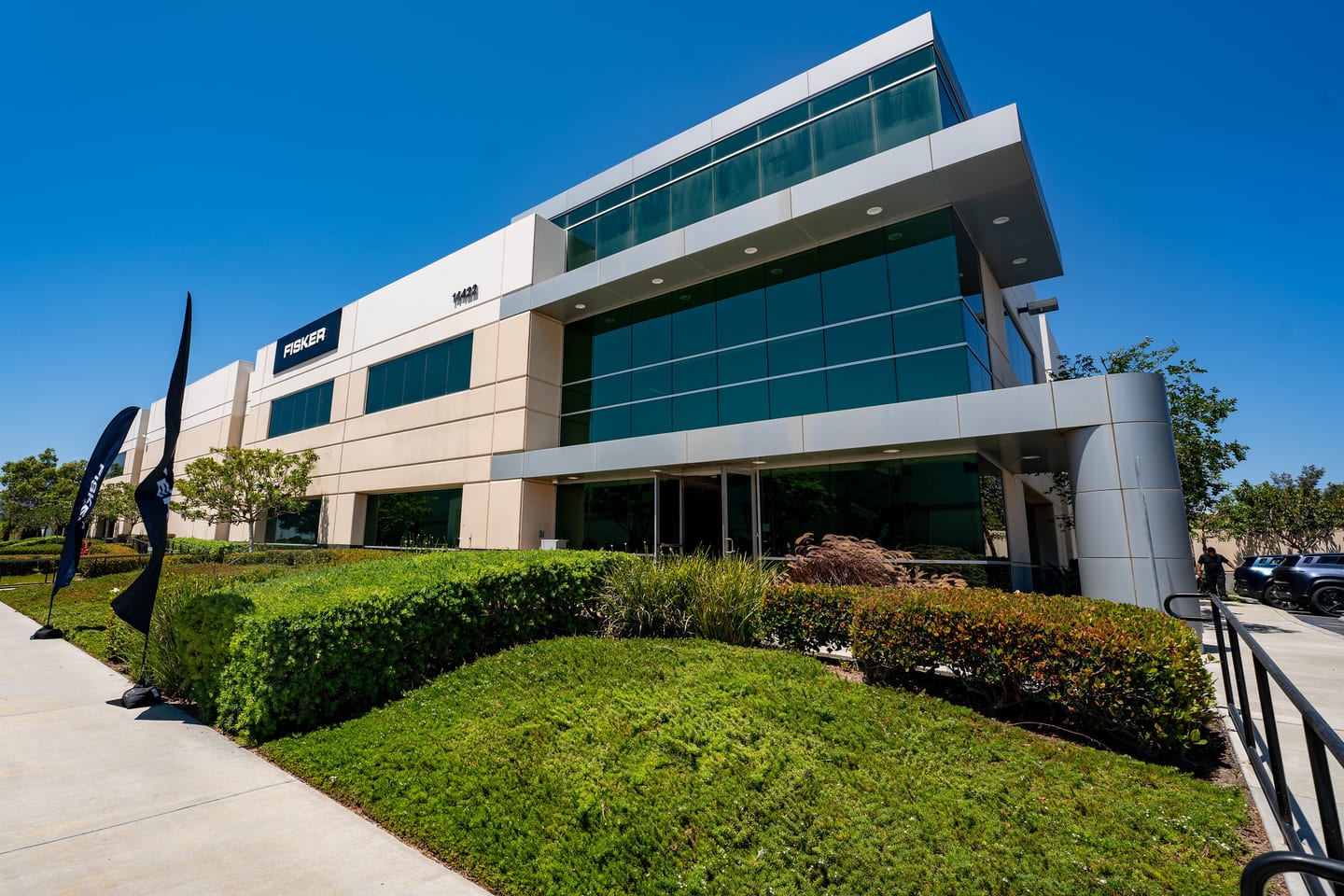 The exterior of the Fisker building on a clear day