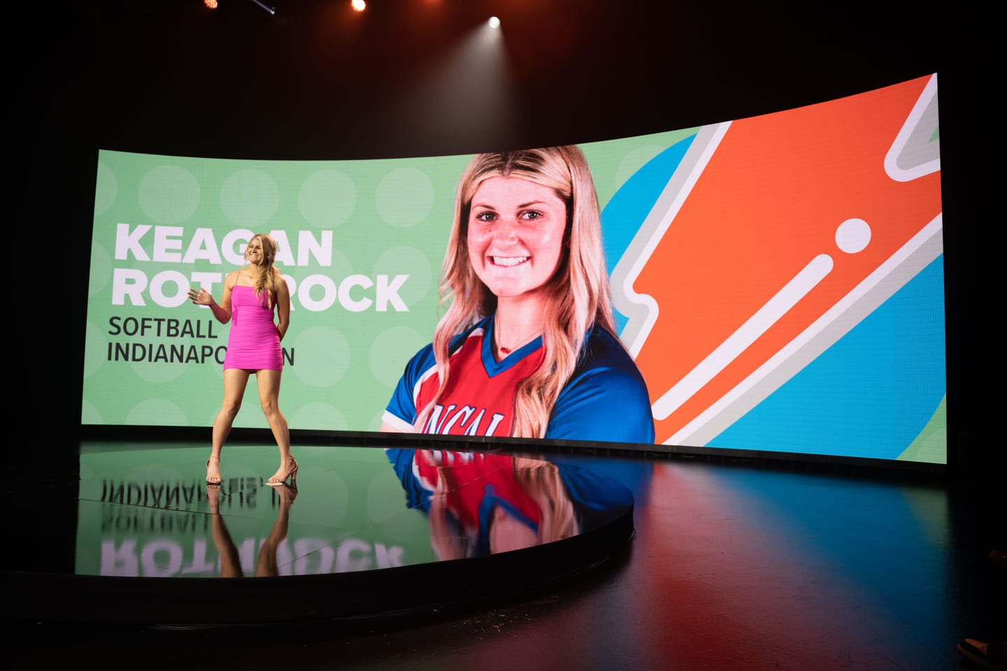 The stage LED wall showing Keagan Rothrock, softball, Indianapolis, during the ceremony