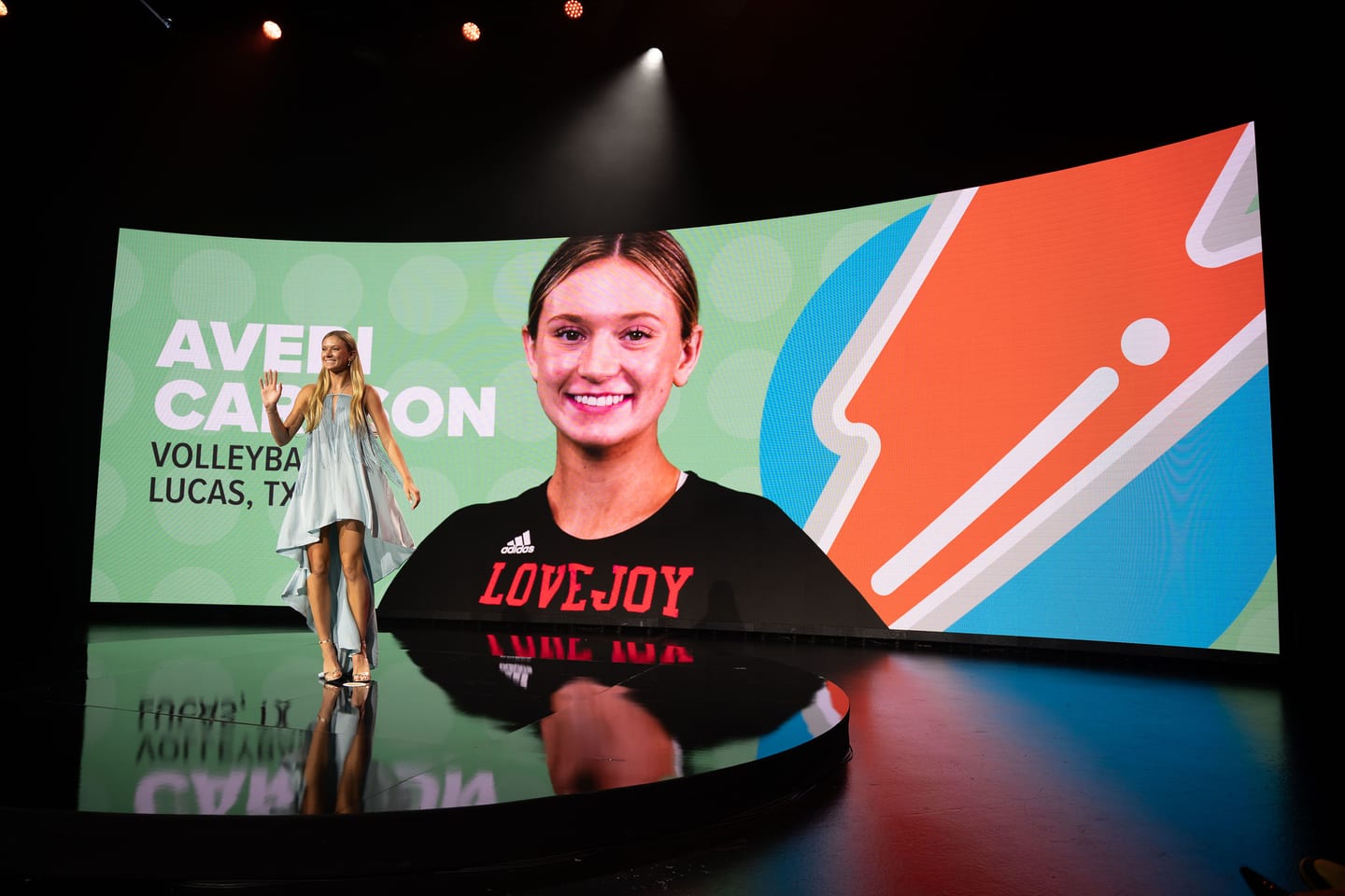 The stage LED wall showing Avery Cannon, volleyball, Lucas, Texas