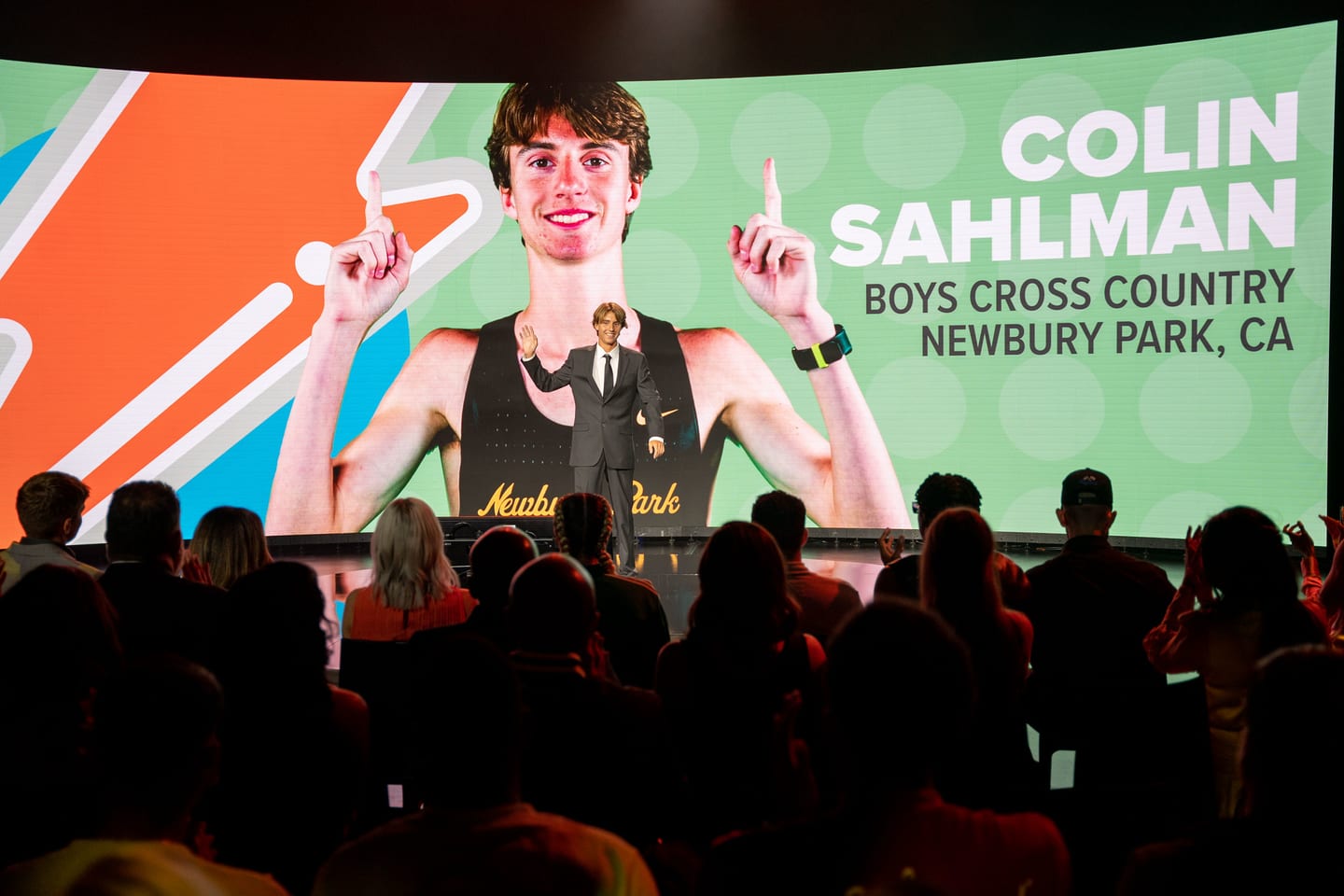 The stage LED wall showing Colin Sahlman, boys cross country, Newbury Park, California