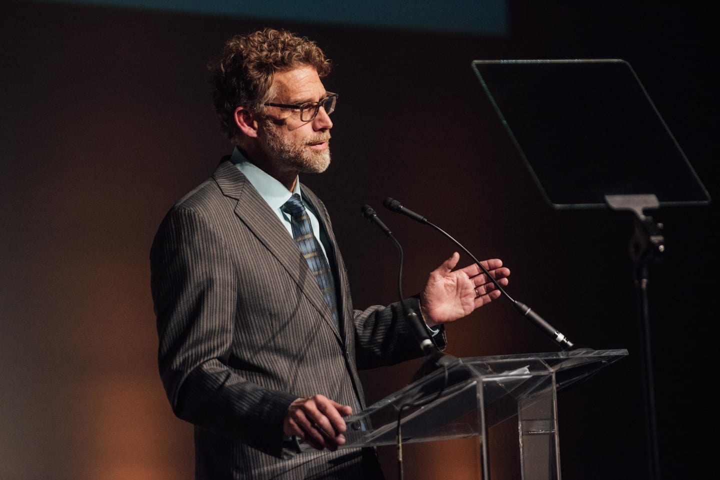 A speaker at the podium during the 15th annual Global Green pre-Oscar gala at NeueHouse Hollywood