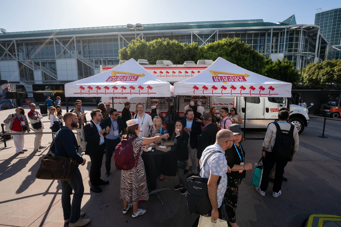 IPW delegates queueing at In-N-Out tents on the plaza outside the Los Angeles Convention Center