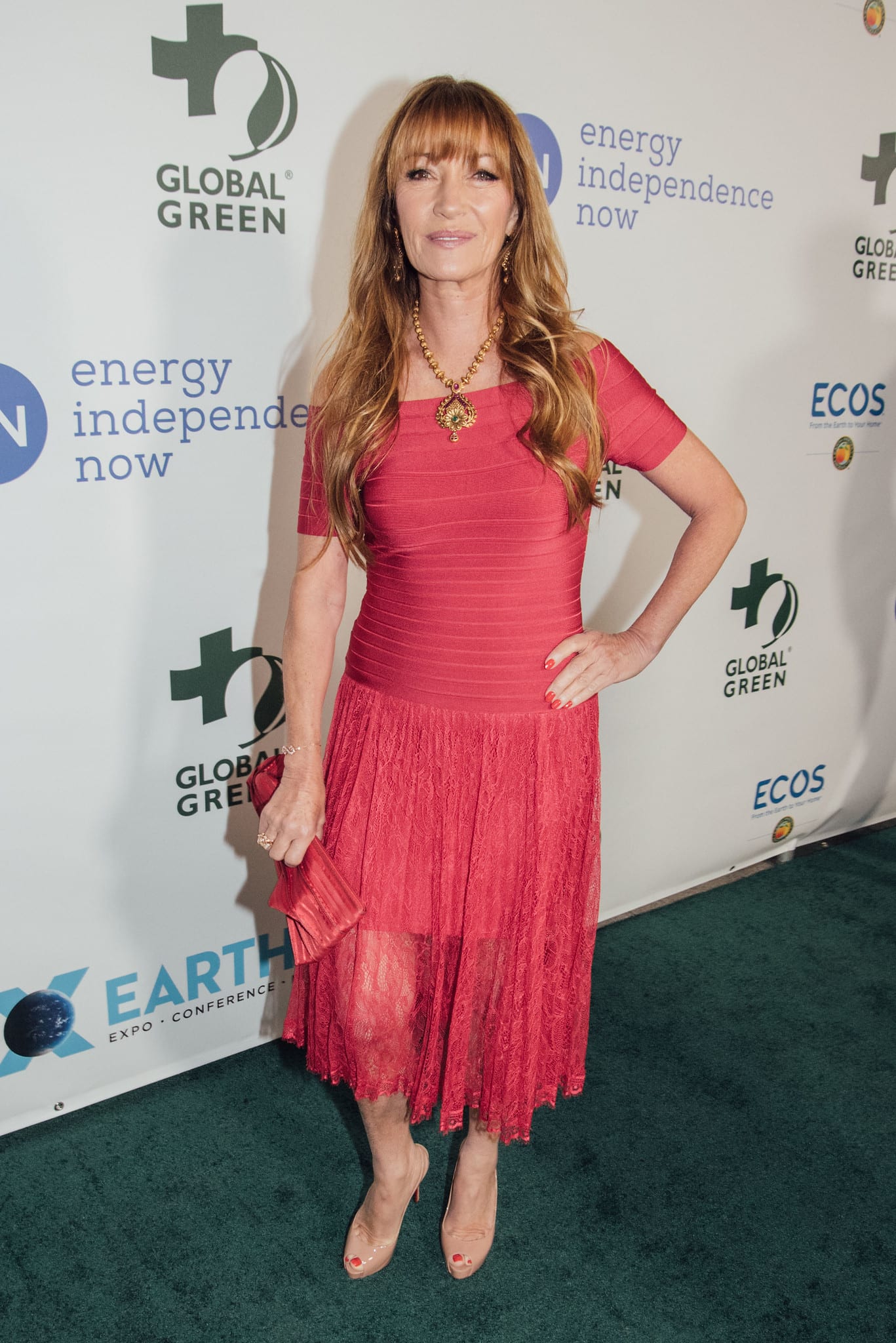 Actress Jane Seymour in pink on the green carpet at the Global Green pre-Oscar gala