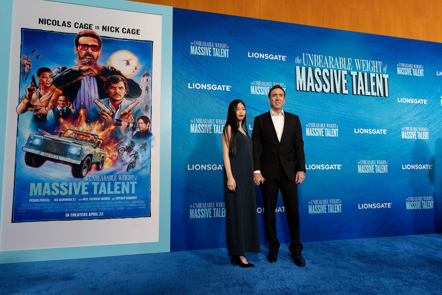 Nicolas Cage on the blue carpet at the premiere of The Unbearable Weight of Massive Talent
