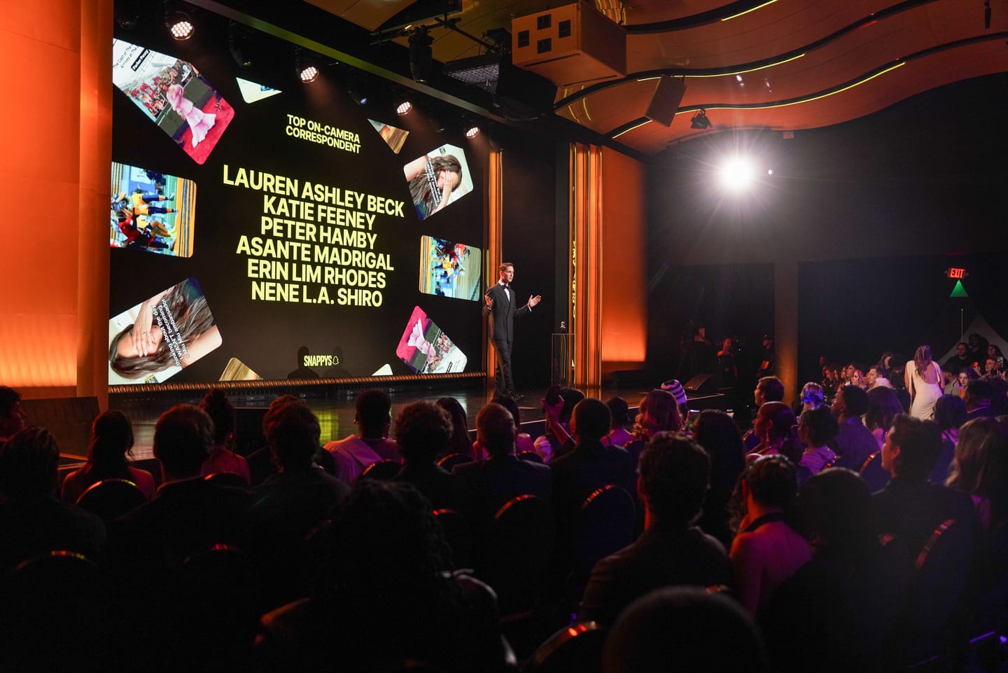 The stage wall showing nominees Lauren Ashley Beck, Katie Feeney, Peter Hamby, Asante Madrigal, Erin Lim Rhodes and Nene L.A. Shro