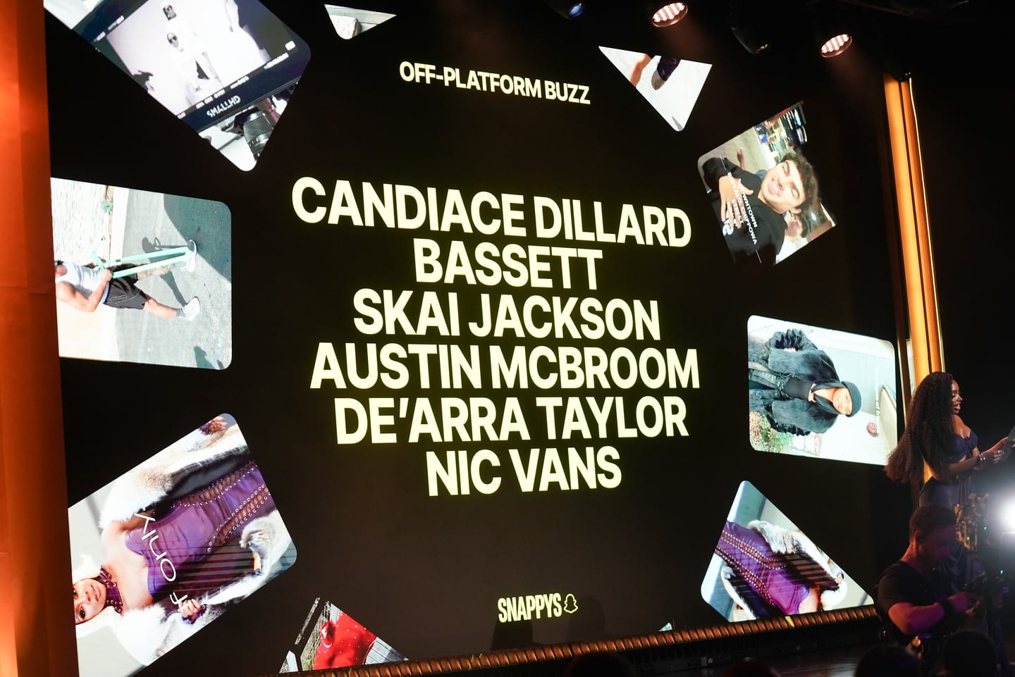The stage wall showing the Off-Platform Buzz nominees: Candiace Dillard Bassett, Skai Jackson, Austin McBroom, De'Arra Taylor and Nic Vans