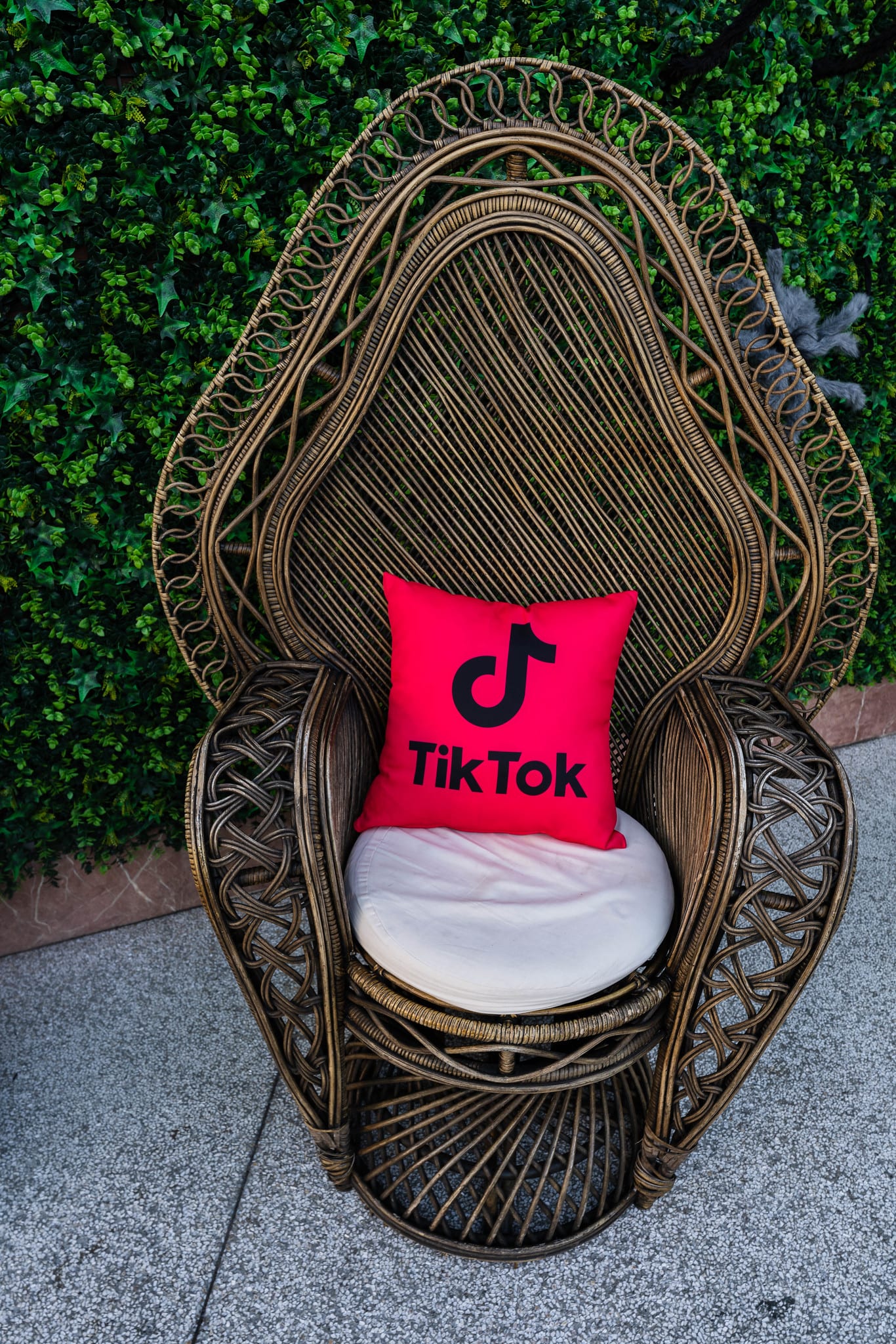 A rattan peacock chair with a pink TikTok pillow photographed straight on against a hedge wall at the TikTok and Ulta Beauty #TikTokBeauty dinner on the LouLou rooftop in Santa Monica