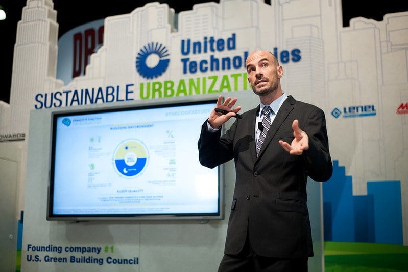 Speaker presenting at the United Technologies “Sustainable Urbanization” stage for the U.S. Green Building Council